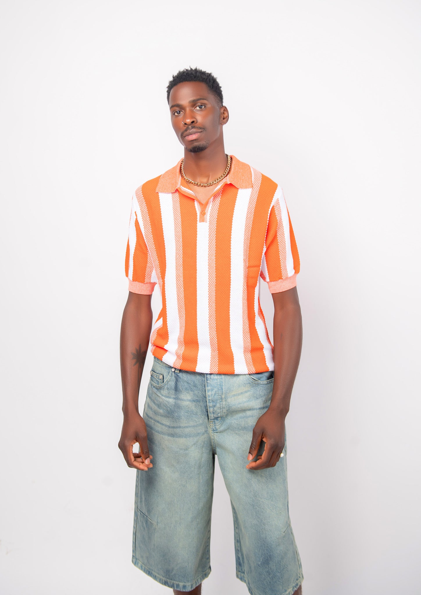 Men Stripe Knit Shirt - Orange