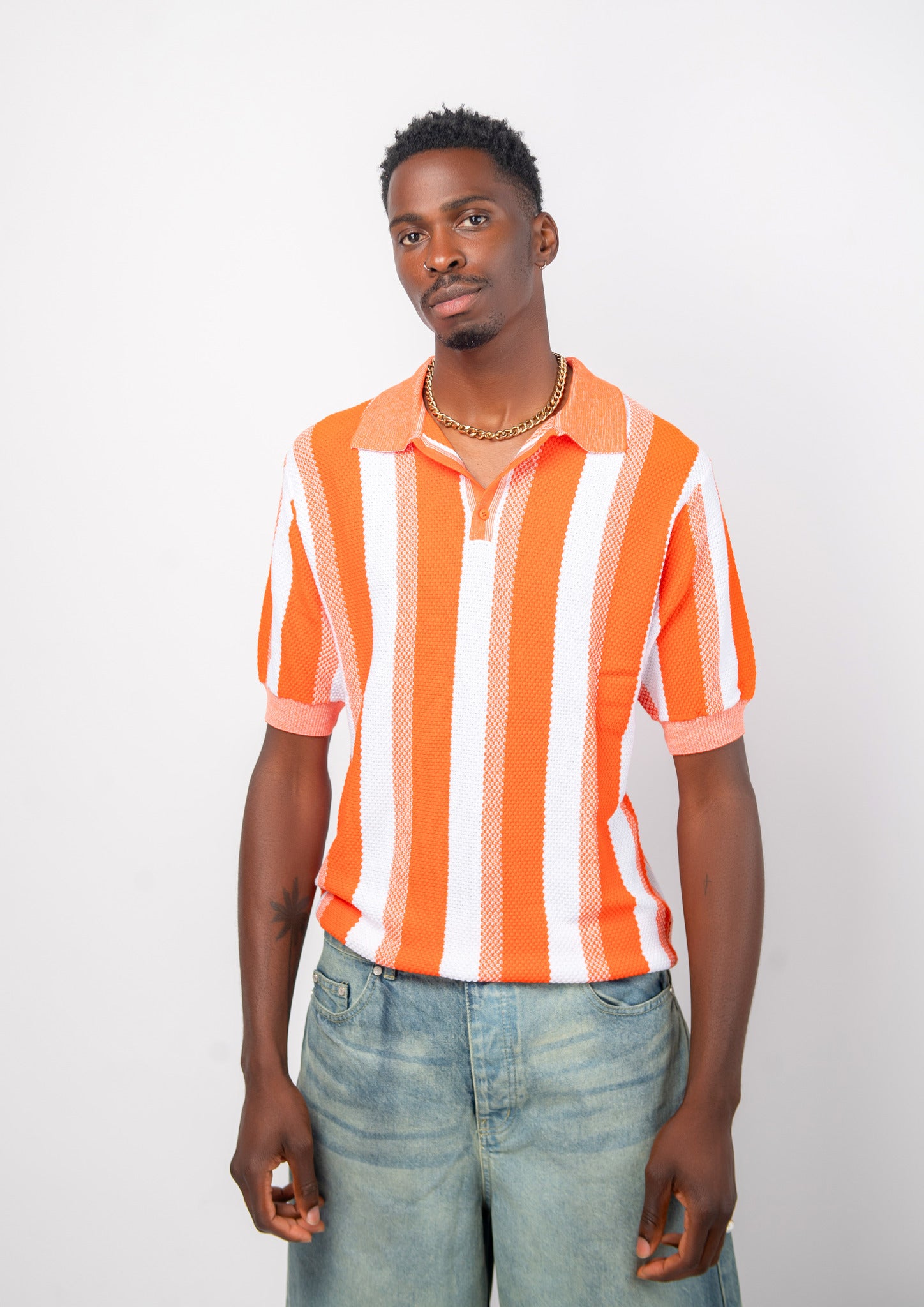 Men Stripe Knit Shirt - Orange